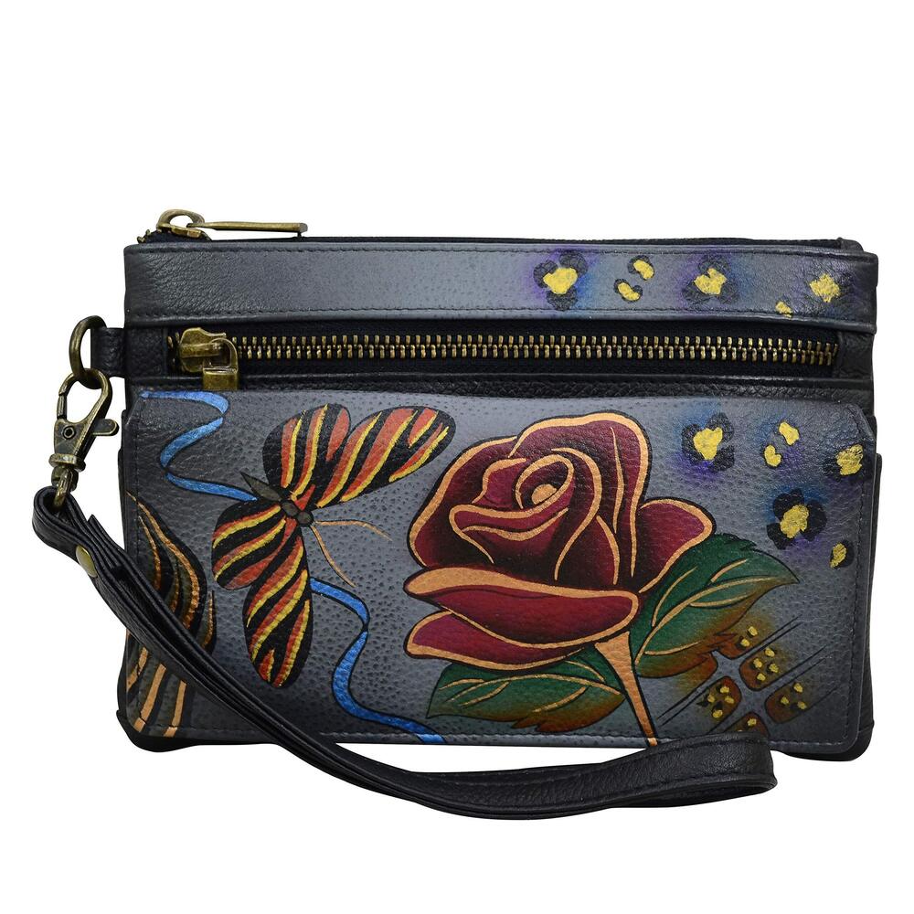 7422 Hand-Painted Leather Wristlet Organizer Wallet - Rose Safari Grey